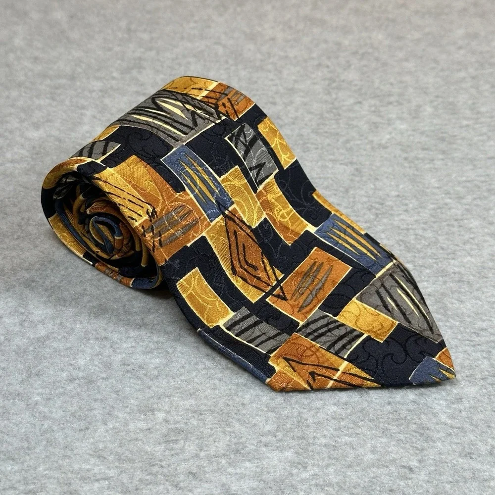 Fumagalli's Gold Abstract Art Deco 1980's 100% Silk Men's‎ Neck Tie Spain